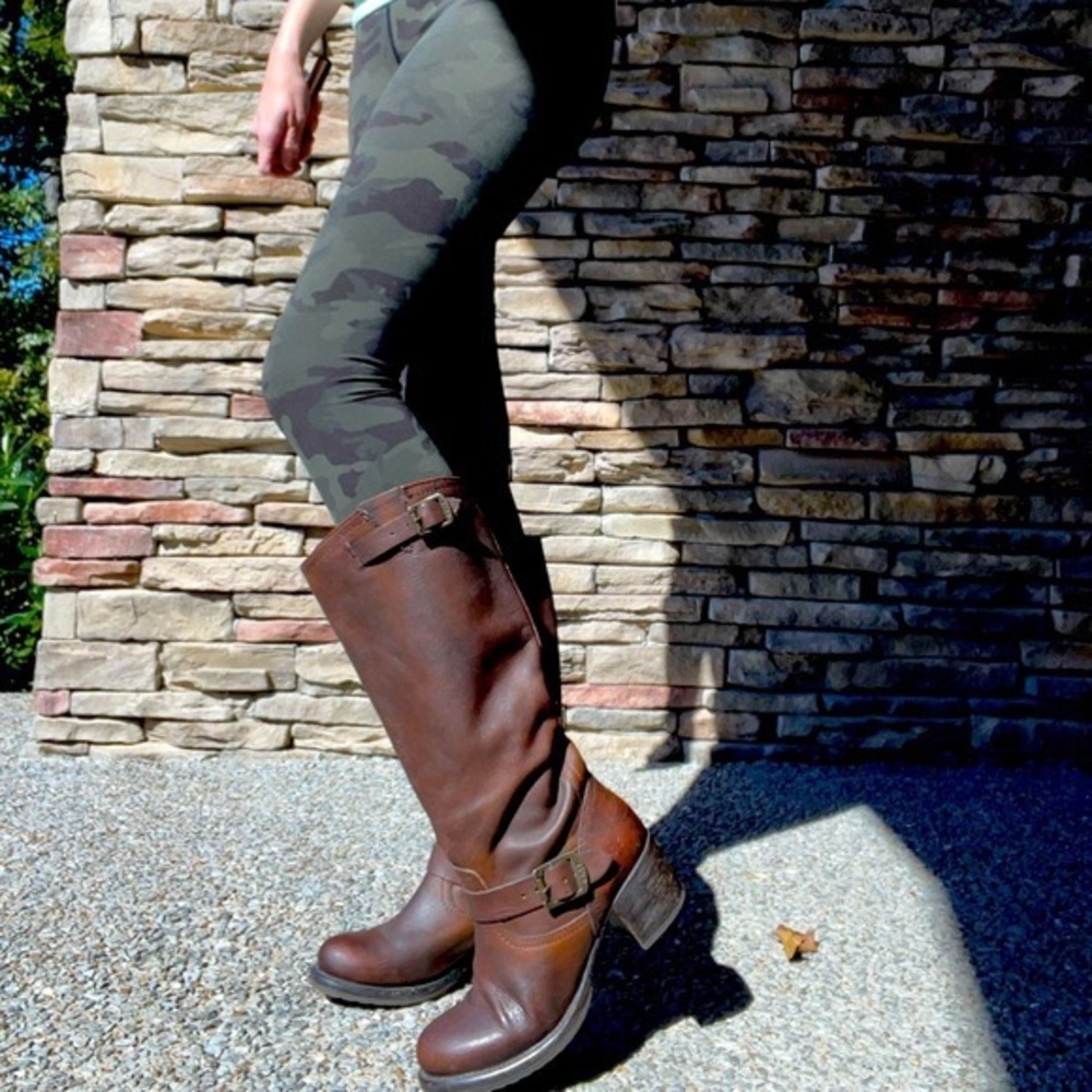 Frye Vera Slouch Grey Black Leather Block Heel Moto Knee High Tall Buckle Boot - Picture 4 of 13